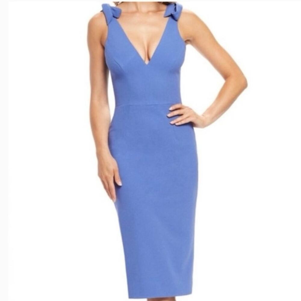 Dress The Population Lita Dress Sz M Blue Jay Tie Shoulder Cocktail Midi Sheath - Picture 11 of 16